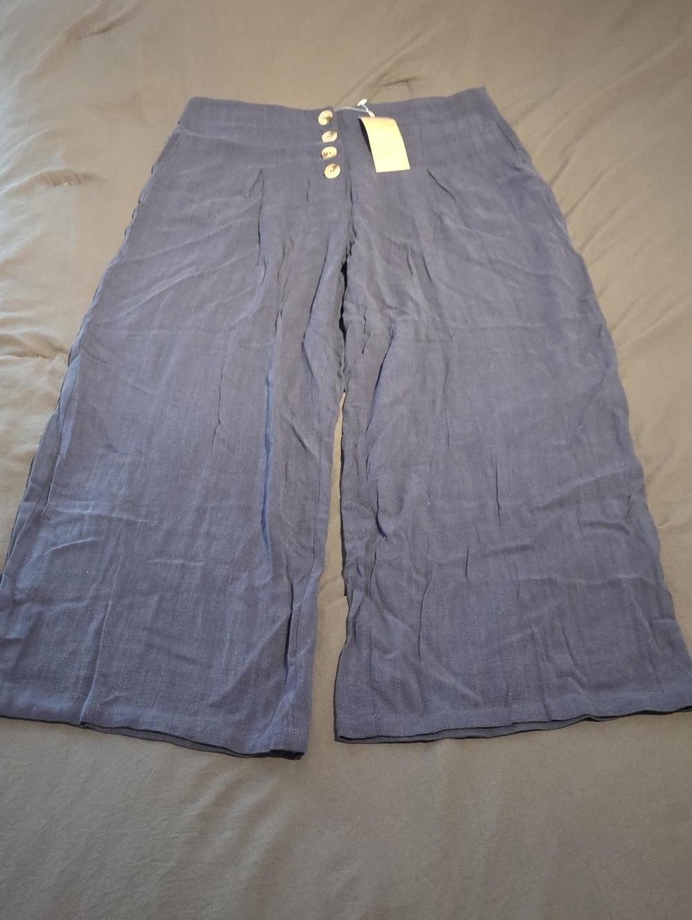 Wide-Leg Button-Front Linen Blend Pants in Navy